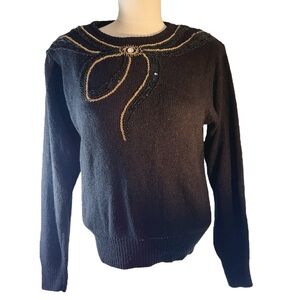 Raoul Silk / Angora Blend Beaded Bow Sweater Size M Black and Gold Holid…